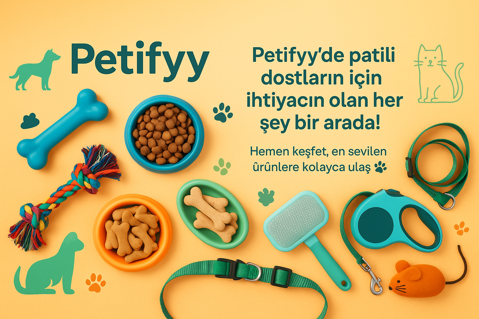'Petifyy’de patili dostların için ihtiyacın olan her şey bir arada! 🐾Hemen keşfet, en sevilen ürünlere kolayca ulaş!' bu yazıya uygun görsel üret